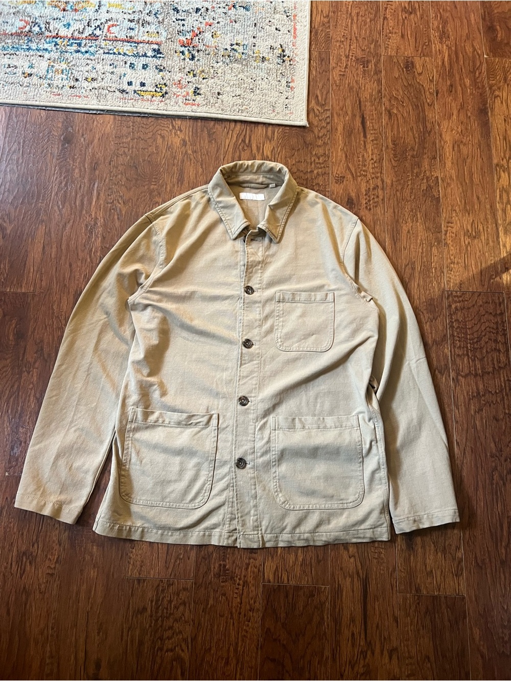 Uniqlo Jacket Mens Medium Beige Utility Chore Coat Twill Cotton Stretch Shacket
